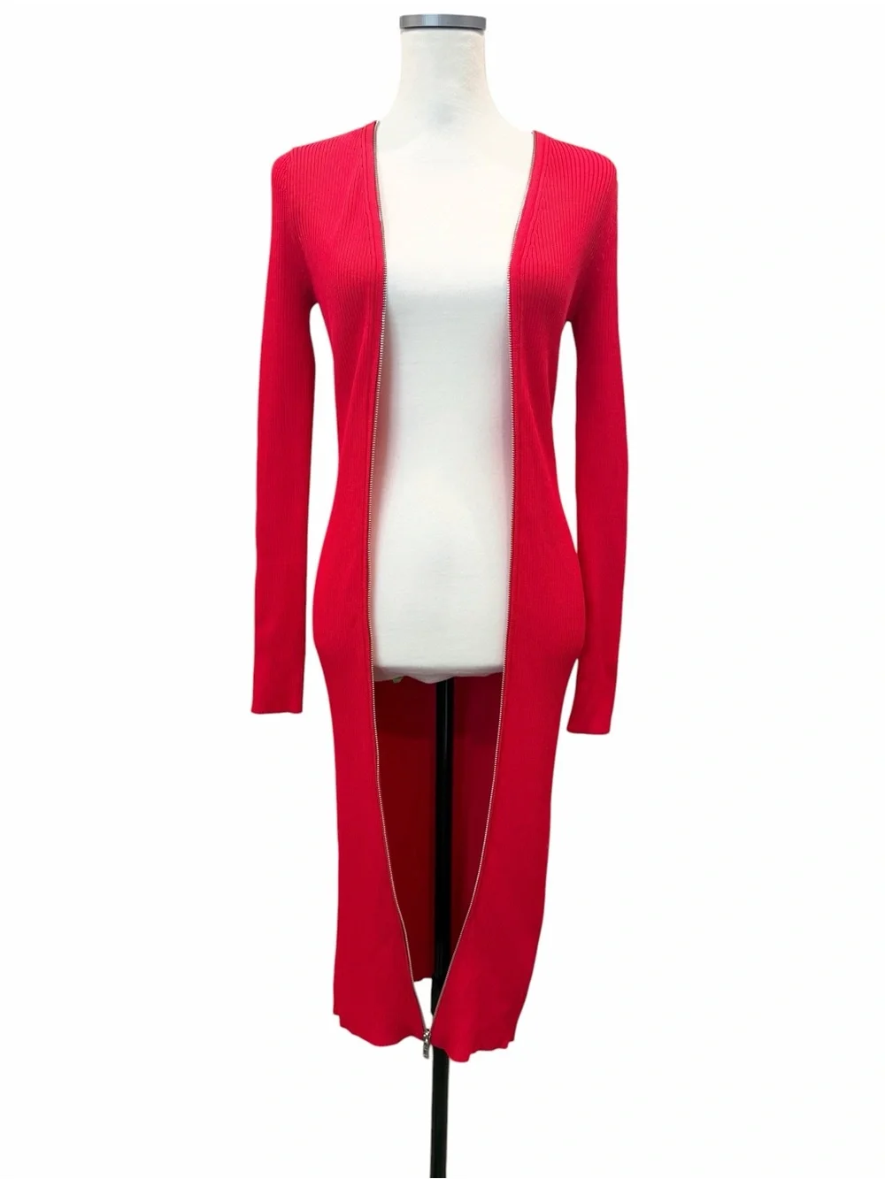 DKNY Ribbed Knit Two Way Zip Cardigan Dress Long Duster Long Sleeve Red XS NWT